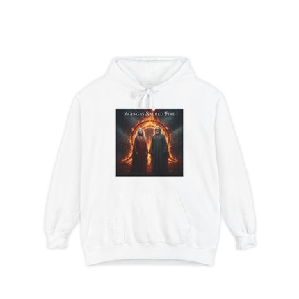 Hoodie - "Aging Is Sacred Fire" Fantasy Cloaked Figures Fire Portal Graphic Hoodie