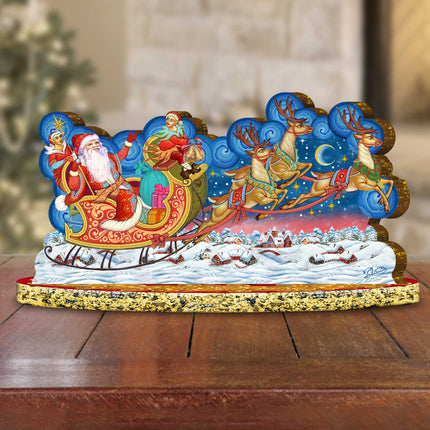 Santa Sleigh Ride with Reindeer Wooden Decor Tabletop Centerpiece by G DeBrekht - Christmas Snowman Decor - 89312-4