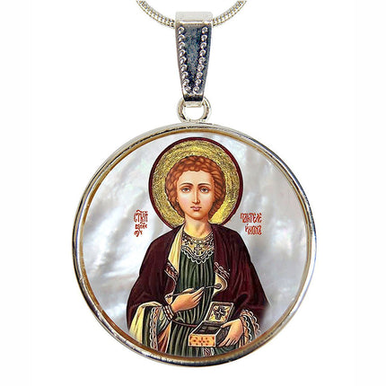 Saint Panteleimon Silver Plated Mother of Pearl Necklace - 43023-1