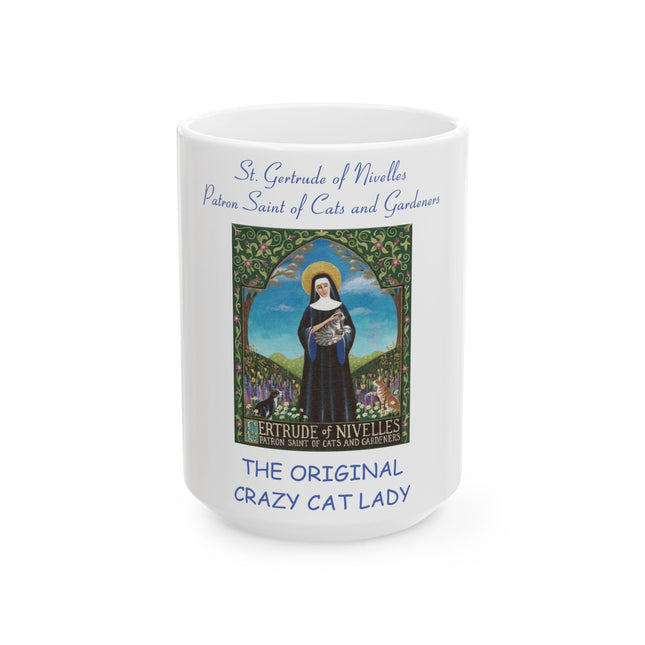 St. Gertrude Ceramic Mug – The Original Crazy Cat Lady – 15oz