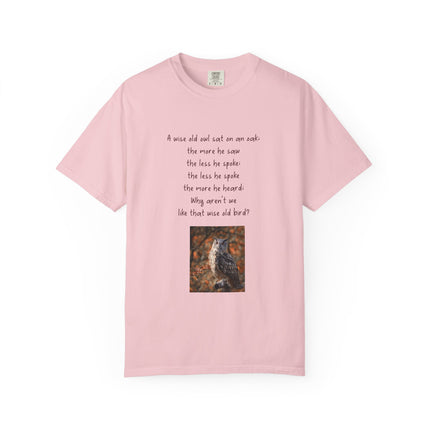 Poem & Owl Graphic T‑Shirt — 'A wise old owl...' Nature Poetry Tee