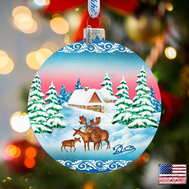 Winter Moose Family Ball Glass Ornament by G. DeBrekht - Wildlife Holiday Decor - 73115-0