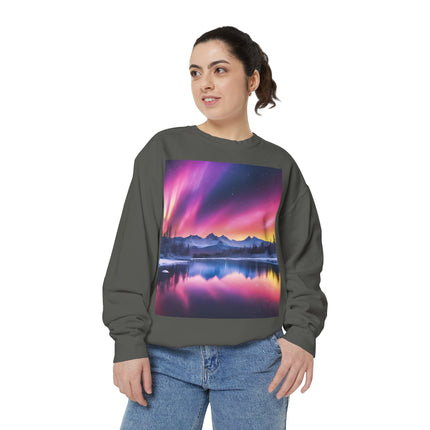 Aurora Lake Crewneck Sweatshirt — Colorful Northern Lights Landscape