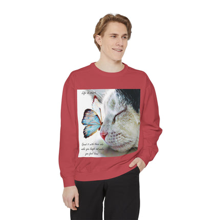Life is Short Cat & Butterfly Unisex Garment-Dyed Sweatshirt