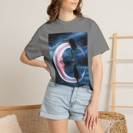 Moonlight Cats Graphic T‑Shirt — Romantic Crescent Moon Art Tee
