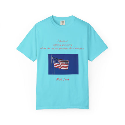 Patriotic Unisex Garment-Dyed T-Shirt with American Flag – Quote by Mark Twain