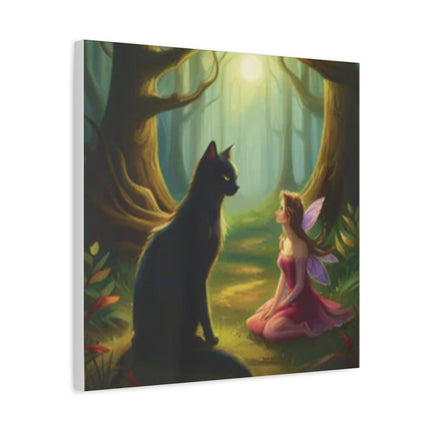 Fairy and Black Cat Canvas Wall Art — Magical Forest Matte Canvas Print