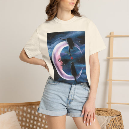 Moonlight Cats Graphic T‑Shirt — Romantic Crescent Moon Art Tee