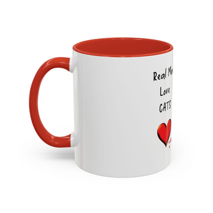 Coffee Mug — "Real Men Love Cats" Accent Ceramic Mug with Cat Photo (11/15 oz)