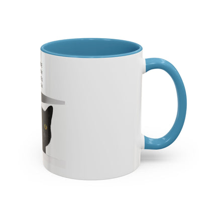 Black Cat Coffee Mug — “In the Here In the Now No Worries Only Meow” Accent Mug
