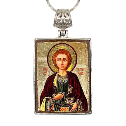 Saint Panteleimon Religious Jewelry Silver Plated Necklace, Gold-Plated Wooden Cabochon - Christian Sacred Icon - Inspirational Icon Decor - 43023R-0