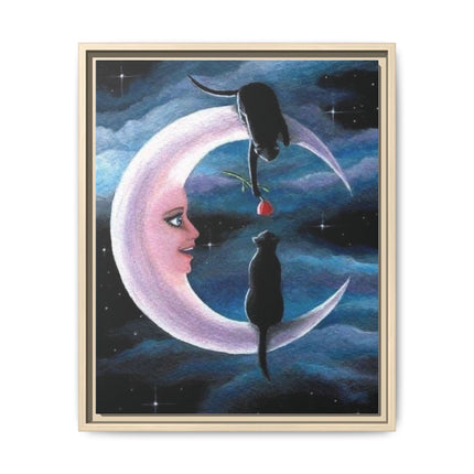 Framed Matte Canvas Moon Cats Wall Art — Whimsical Night Sky Print