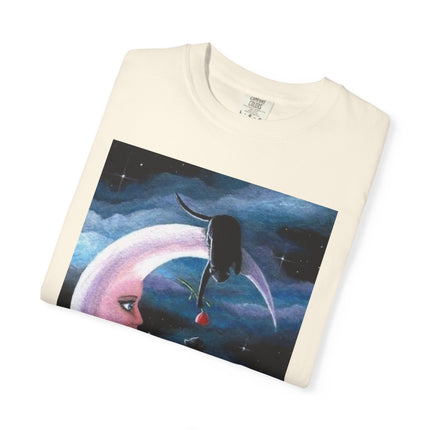 Moonlight Cats Graphic T‑Shirt — Romantic Crescent Moon Art Tee