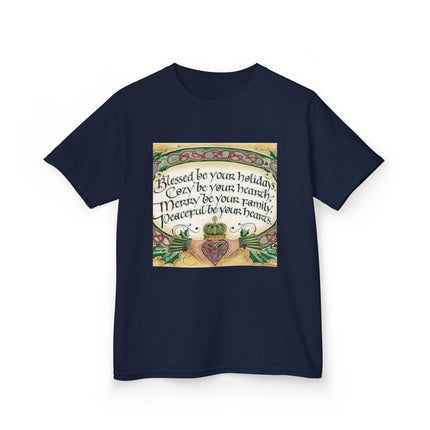 Blessed Holiday Kids Tee – Heart & Crown Celtic-Inspired Winter Shirt