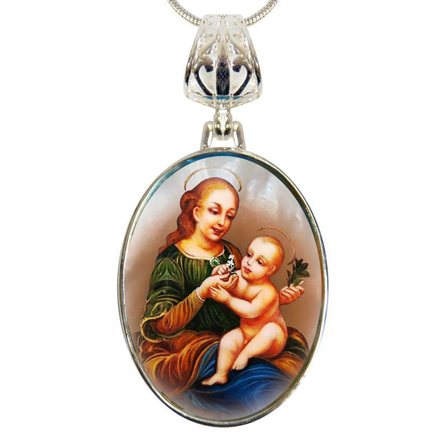 Madonna And Child Silver Plated Mother of Pearl Necklace Jewelry - 43031-0