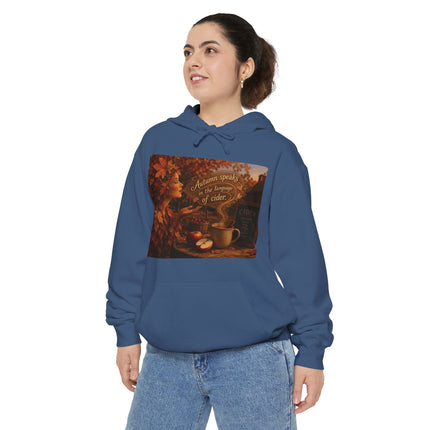 Autumn Leaves & Cider Hoodie — Cozy Fall Sweatshirt with 'Autumn Speaks' Still Life Design