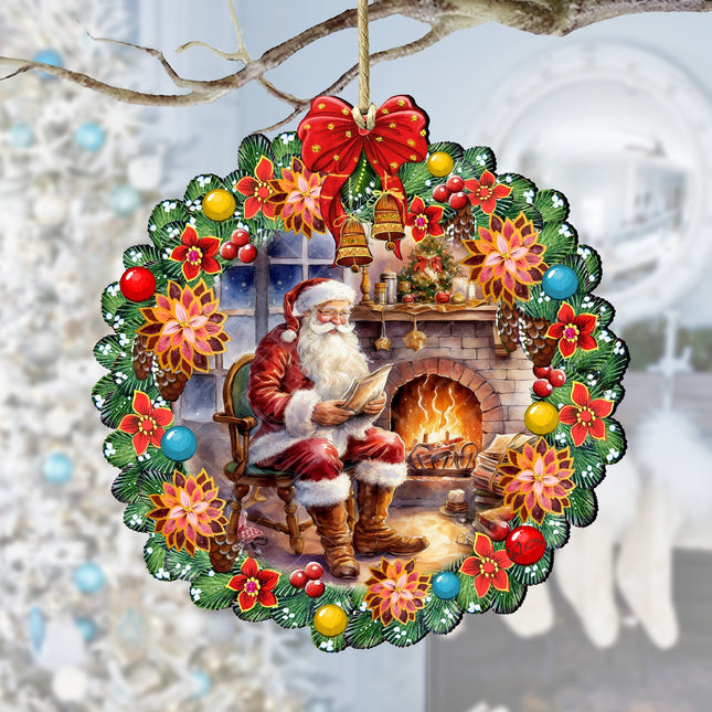 Santa at the Fireplace Wreath Wooden Ornaments by G. Debrekht Christmas Santa Snowman Decor - 8611089-2-0