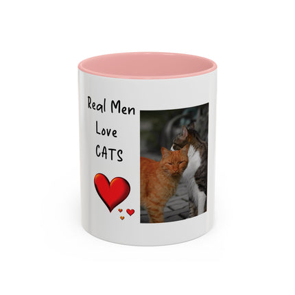 Coffee Mug — "Real Men Love Cats" Accent Ceramic Mug with Cat Photo (11/15 oz)