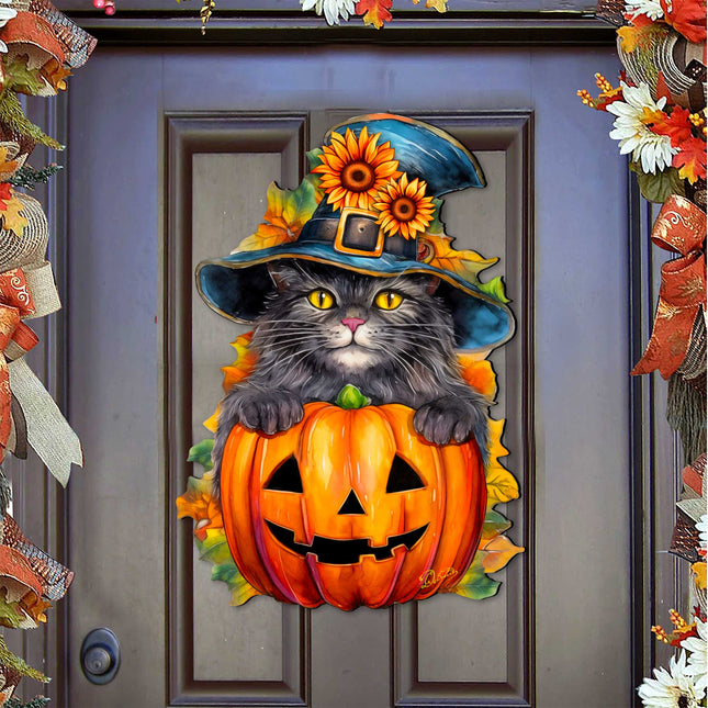 Black Cat Pumpkin Holiday Door Decor by G. DeBrekht - Halloween Decor - 8652794H-0