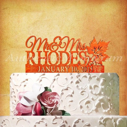 Mr. and Mrs. Wedding Cake Topper - Wooden Cake Topper with date Autumn Wedding  #94127F-1