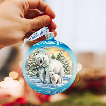 Polar Bear with Cub Ball Glass Ornament by G. Debrekht - Wildlife Holiday Decor - 73386-3