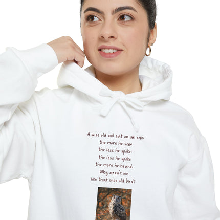 Poetic Owl Hoodie — White Sweatshirt with Verse and Owl Art