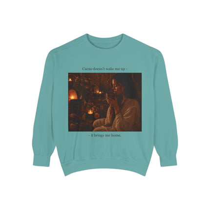 Cozy Candlelit Photo Sweatshirt — "Cacao doesn't wake me up... it brings me home"