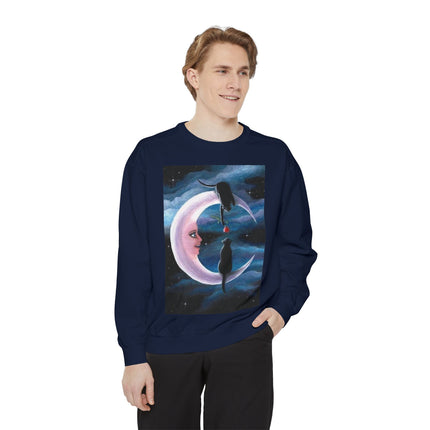 Moonlit Cats Sweatshirt —Whimsical Crescent Moon & Black Cat Graphic