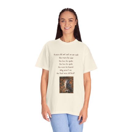 Poem & Owl Graphic T‑Shirt — 'A wise old owl...' Nature Poetry Tee
