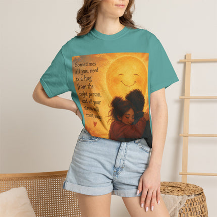 Hug Melt Away T-Shirt — Warm Sunset Illustration & Quote
