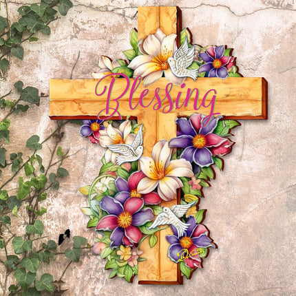 Floral Dove Blessing Wooden Cross by G. Debrekht - Easter Spring Decor - 88163-3