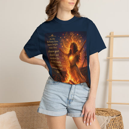 Burning Bright: Beltane Fire Goddess T-Shirt — "As the Beltane fires burn bright" Spiritual Pagan Tee