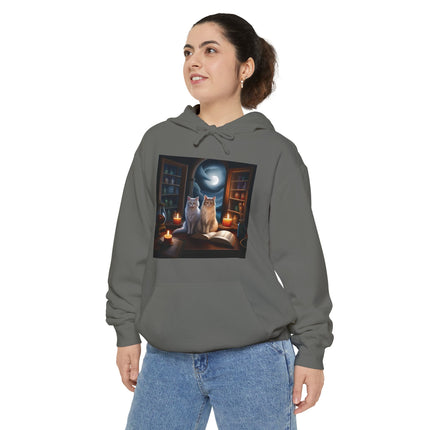 Mystic Cat Library Hoodie — Moonlit Cats, Candles & Spellbook Graphic Hoodie
