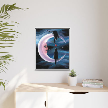 Framed Matte Canvas Moon Cats Wall Art — Whimsical Night Sky Print