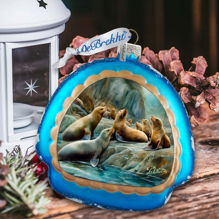 Coastal Sea Lions Rainbow Glass Ornament by G. Debrekht - Wildlife Holiday Décor - 756-023-3