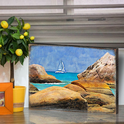 Sailboat on The Rocky Shore Wooden Coastal Wall Art by Nature Wonders - Coastal Sea-Life Decor - 95274B-3