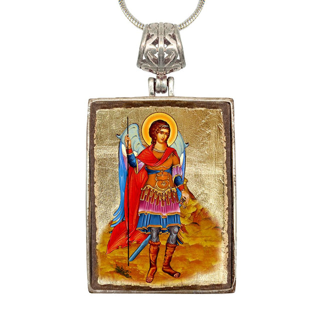 Saint Michael Religious Jewelry Silver Plated Necklace, Gold-Plated Wooden Cabochon - Orthodox Sacred Icon - Inspirational Icon Decor - 43022R-0