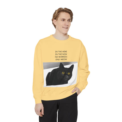 Cozy Cat Lover Sweatshirt - "In the Here, In the Now, No Worries, Only Meow"