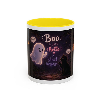 Halloween Ghost Coffee Mug — “Boo is just hello in ghost language” Accent Mug