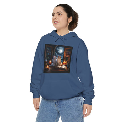 Mystic Cat Library Hoodie — Moonlit Cats, Candles & Spellbook Graphic Hoodie