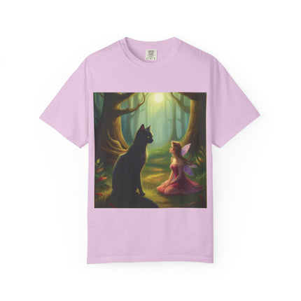 Fairy and Black Cat Forest T-Shirt — Enchanted Woodland Magic Tee