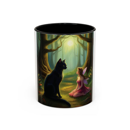 Enchanting Fairy & Cat Accent Mug – Fantasy Nature Design, 11oz