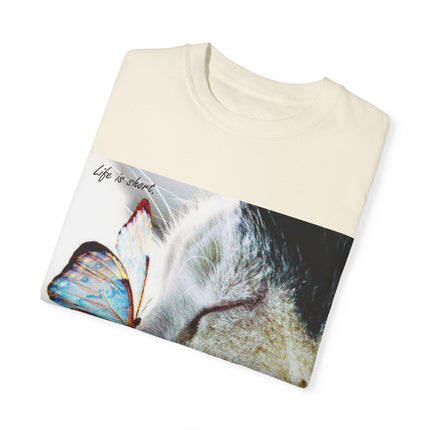 Inspirational Cat & Butterfly T-Shirt | Life is Short Quote