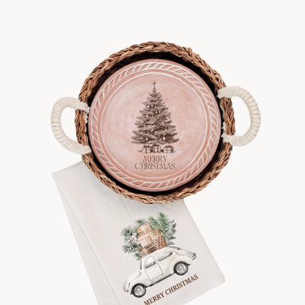 Bread Warmer & Basket Gift Set with Tea Towel - Christmas Tree Round-0