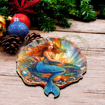 Nautical Christmas Decor - Mermaid in the Shell Wooden Ornaments by G.Debrekht Coastal Holiday Decor - 8688200-4
