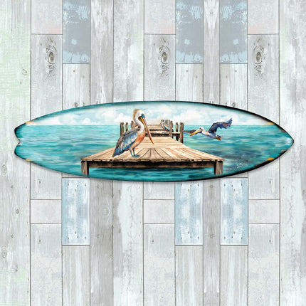 Pelican on the Pier Surfboard Coastal Wall Art by G. DeBrekht - Coastal Holiday Decor - 8490127HS-1