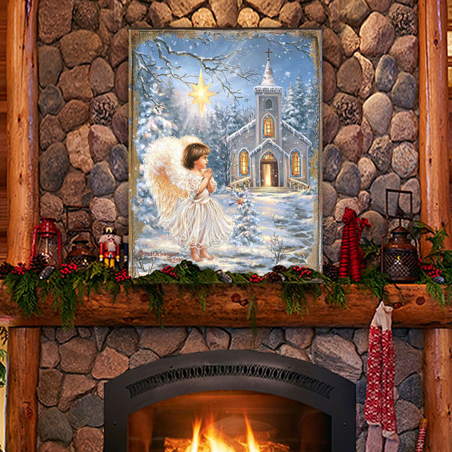 Angel at the Chapel Art Wooden Wall Art by D. Gelsinger - Nativity Holiday Decor - 95659B-1606-0