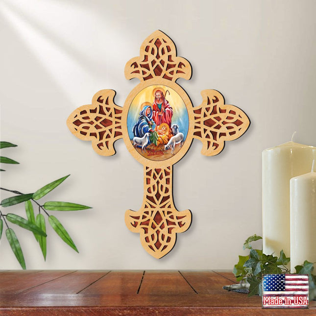 Holy Family Pointy Wooden Cross by Museum Icons - Inspirational Icon Decor - 88350-0