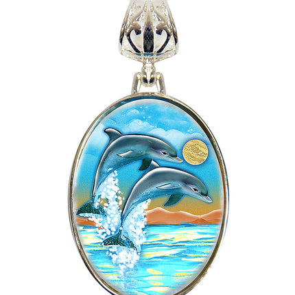 Flying Dolphins Silver Plated Jewelry Mother of Pearl Pendant Necklace - 44011-0