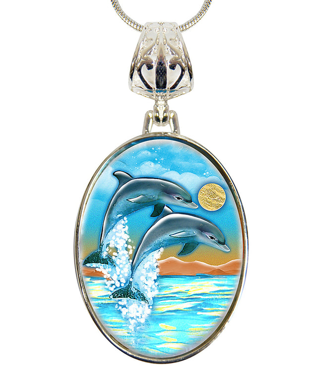 Flying Dolphins Silver Plated Jewelry Mother of Pearl Pendant Necklace - 44011-0
